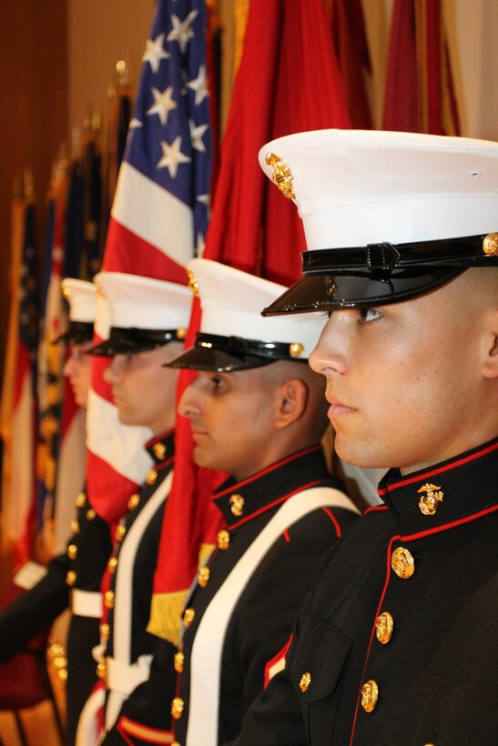 Marines from Concord, Calif., present the nation’s colors during a Congressional Gold Medal ceremony here Sept. 21. The ceremony was held in honor of two Montford Point Marines, Sgt. Riley A. McCray and Cpl. Lynn L. Williams, to recognize them for their service during a time of racism and segregation in the 1940s. The Marines detachment falls under Beach and Terminal Operations Company A, 4th Landing Support Battalion, 4th Marine Logistics Group. In total, Marine Reserve units from 22 states will present the award to 78 Montford Point Marines. 