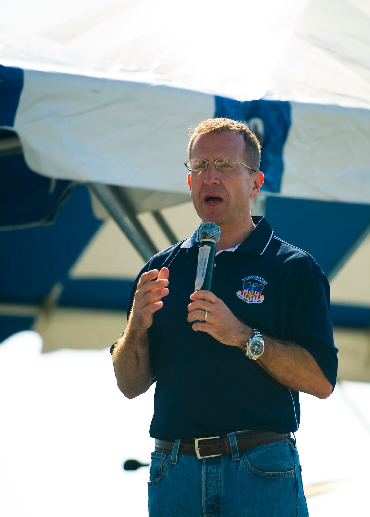 Col. Jim Slife, commander of the 1st Special Operations Wing welcomes guests to Hurlburt Fieldís Open House at the flightline at Hurlburt Field, Fla., Oct. 27, 2012. The Open House gave the public an inside look at Hurlburt Fieldís many missions and allowed Team Hurlburt to show appreciation to the local community for their continued support to the base. (U.S. Air Force photo/Tech. Sgt. Vanessa Valentine)(Released)