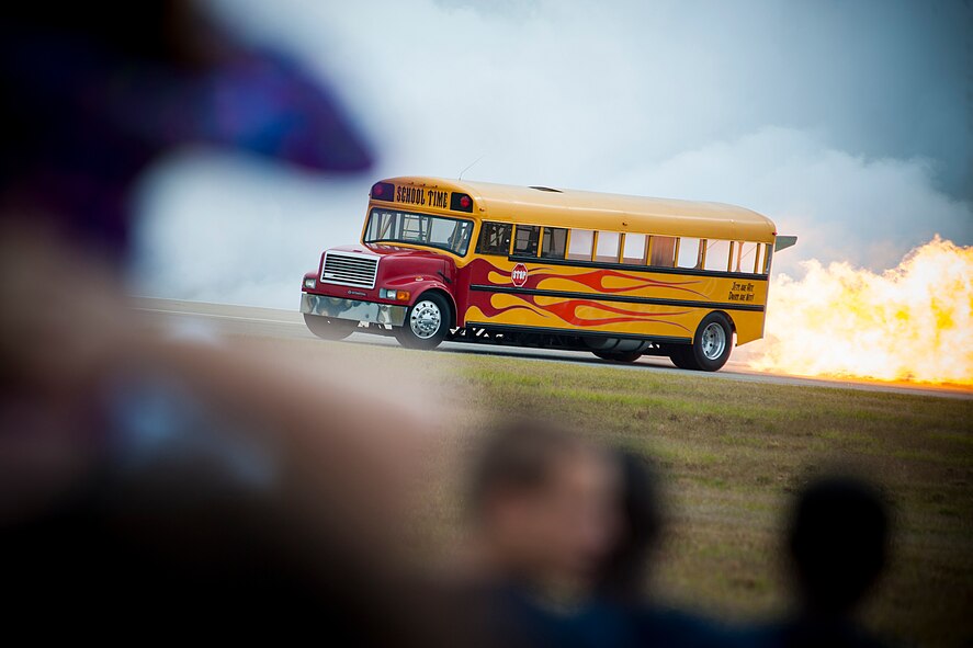 Paul Stender and his Jet Bus make their way across the flightline during the Moody Air Force Base, Ga., Legacy of Liberty Open House air show Oct. 27, 2012. The bus traveled more than 300 mph for the air show audience. (U.S. Air Force photo by Staff Sgt. Jamal D. Sutter/Released) 