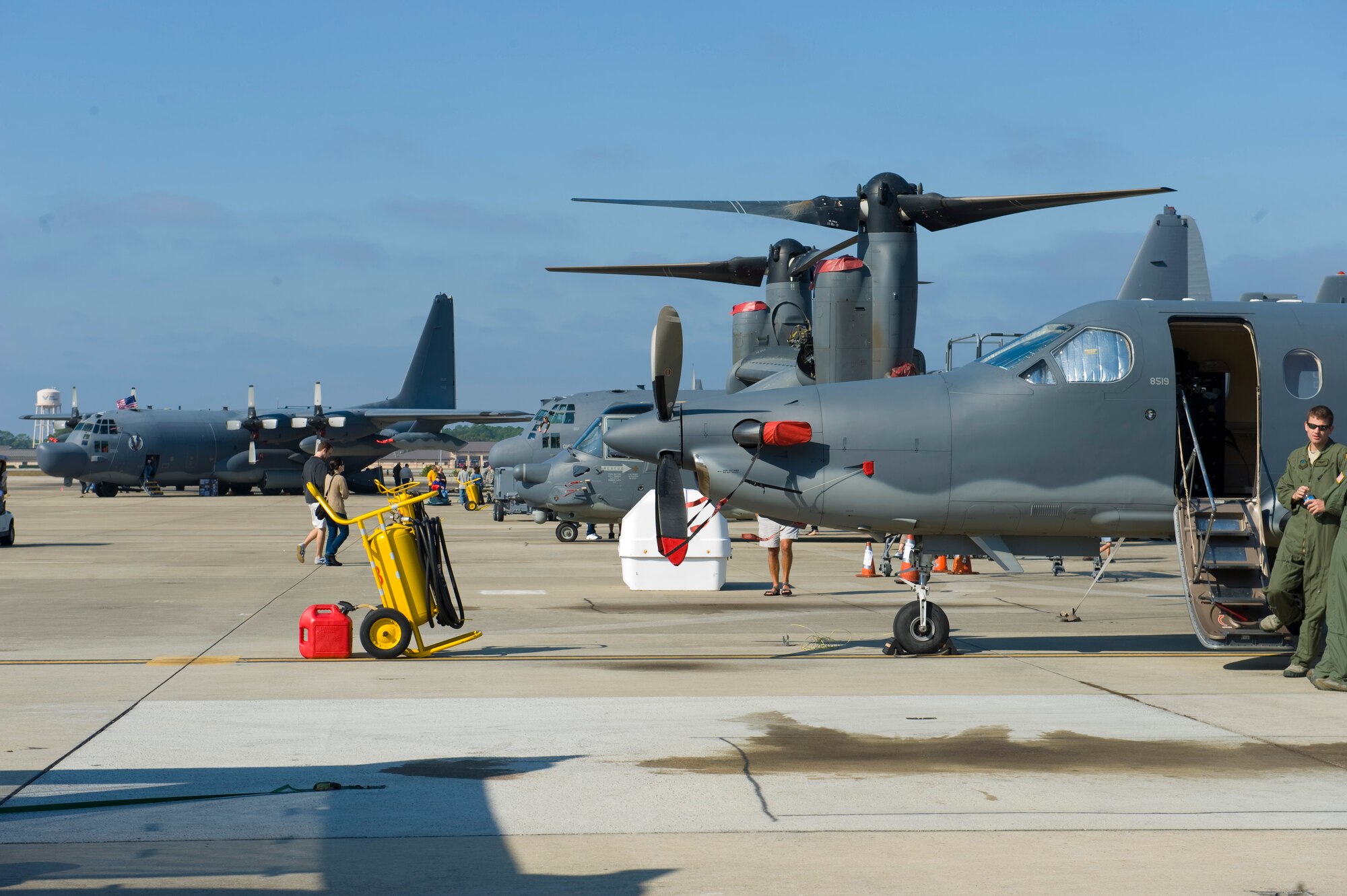 Several static aircraft sit as displays    at the Open House on Hurlburt Field, Fla., Oct. 27, 2012 Team Hurlburt’s Open House gave the public an inside look at the 1st Special Operations Wing and some of the other units located at Hurlburt Field. Ground displays of several types of Special Operations aircraft including the AC-130U Spooky Gunship and the CV-22 Osprey, as well as various other types of specialized military equipment from across base were featured.
 (U.S. Air Force Photo/ Staff Sgt. John Bainter)
