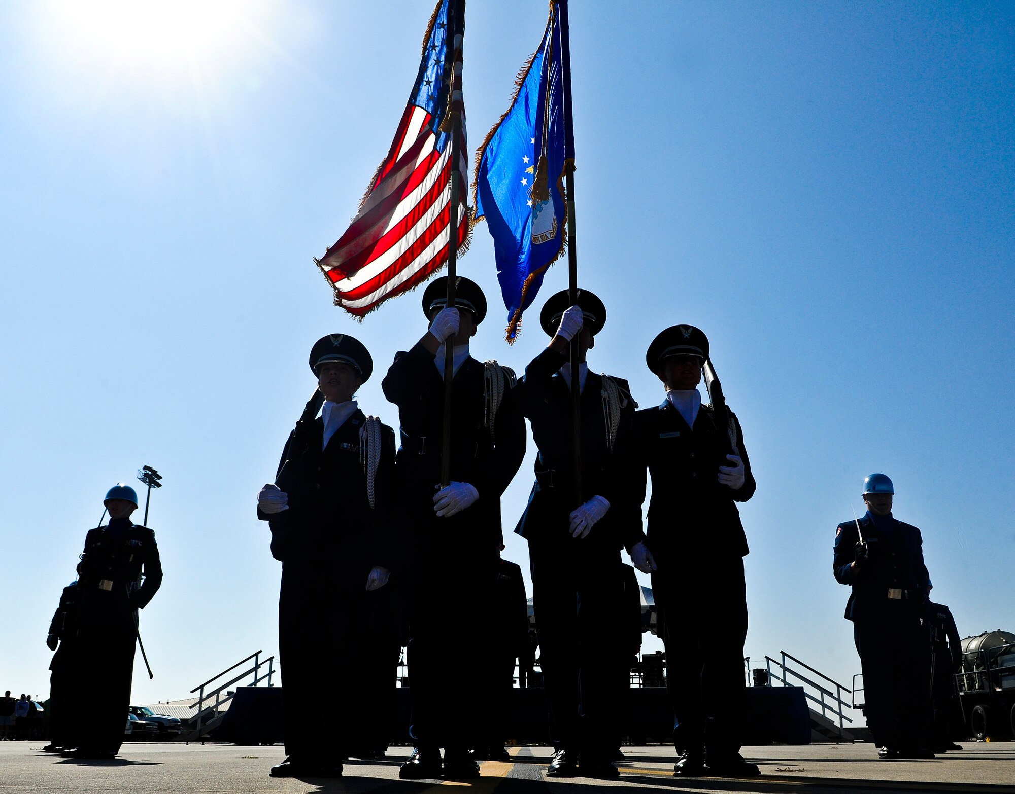 The Fort Walton Beach High School Junior ROTC presents the colors during a drill show they put on during the Hurlburt Field Open House at Hurlburt Field, Fla., Oct. 27, 2012. The Open House gave the public an inside look at Hurlburt Field?s many missions and allowed Team Hurlburt to show appreciation to the local community for their continued support to the base. (U.S. Air Force photo/Airman 1st Class Christopher Williams) 
