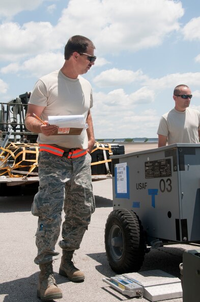 Members of the 134th Air Refueling Wing performing a Joint Inspection for airworthiness on aerospace ground equipment at the McGhee Tyson Air National Guard Base Cargo Deployment Function on June 2 2012. The 134th Air Refueling Wing conducted a Taker Strategic Aircraft Regeneration Team (TSART) exercise over drill weekend in June.