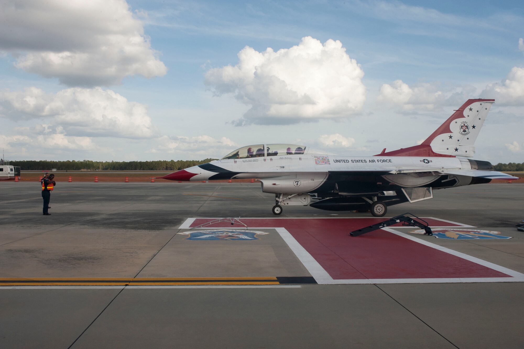 U.S. Air Force Lt. Col. Jason Koltes, Thunderbird 7 advanced pilot, and Jade Bulecza, WTXL reporter from Tallahassee, Fla., prepares for takeoff in an F-16C/D Fighting Falcon at Moody Air Force Base, Ga., Oct. 25, 2012.Bulecza received a taste of air power as part of the Thunderbirds Flight Demonstration Team media flight. (U.S. Air Force photo by Airman 1st Class Paul Francis/Released)
