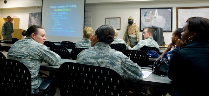 Team Dover members attend a sheltering management training session Oct. 28, 2012, at Dover Air Force Base, Del. Fitness center personnel who will be working at the shelter were taught what to expect during Hurricane Sandy. (U.S. Air Force photo by Airman 1st Class Kathryn Stilwell)