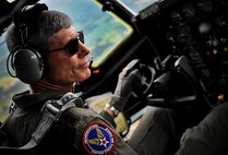 Air Force Chief of Staff Gen. Norton Schwartz flies an MC-130E Combat Talon I aircraft July 12, 2012, during his last flight as an active duty officer. The MC-130E Combat Talon I crew conducted a local training sortie during the mission. It also served as Schwartz’s “fini flight” in the Air Force. (U.S. Air Force photo/Tech. Sgt. Samuel King Jr.)