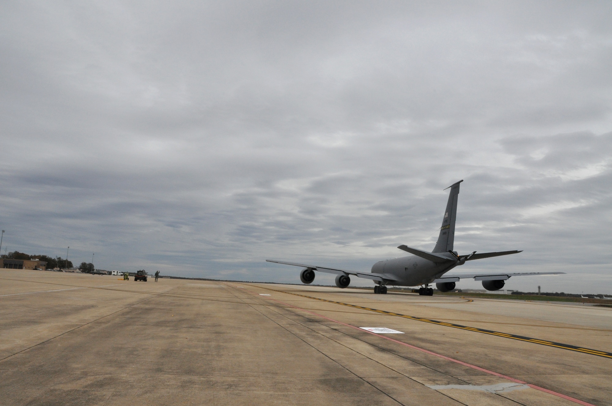 The last of the  KC-135 Stratotankers of the 459th Air Refueling Wing taxis onto the runway in preparation of Hurricane Sandy, at Joint Base Andrews, Md., Oct.28, 2012. The planes were evacuated to a location away from any affects of the storm as to protect these valuable national assets. (U.S. Air Force photo/ Senior Airman Katie Spencer)