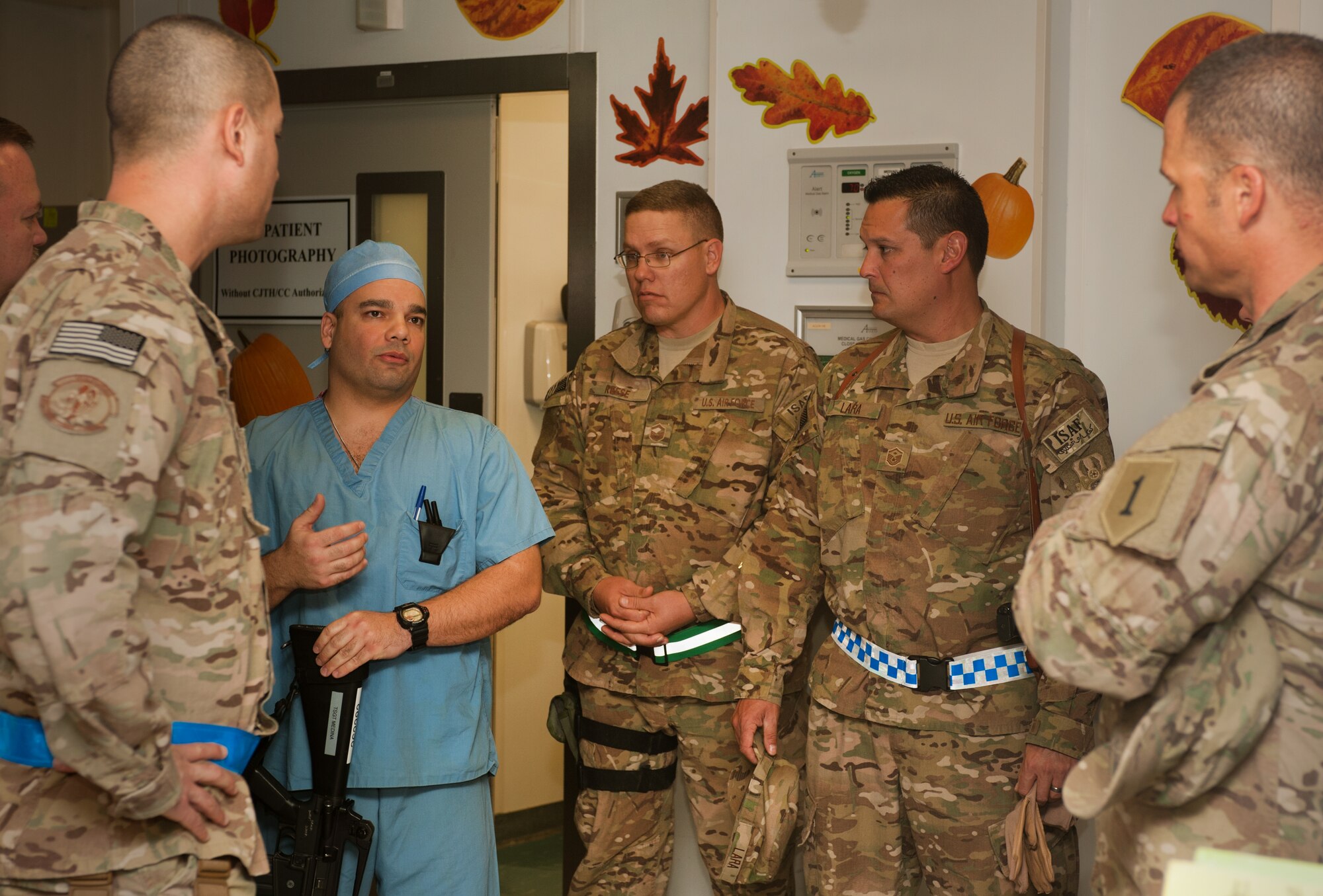 U.S. Air Force Tech. Sgt. Tony Medina, an Operating Room technician assigned to the 455th Expeditionary Medical Operations Squadron at the Craig Joint Theater Hospital, explains specific O.R. procedures to a group of 1st Sergeants at Bagram Airfield, Afghanistan, Oct. 27, 2012. BAF’s 1st Sergeants volunteered together at the Contingency Aeromedical Staging Facility to help transport wounded servicemembers from CJTH to receive continued medical care. (U.S. Air Force Photo/Staff Sgt. Jeff Nevison)