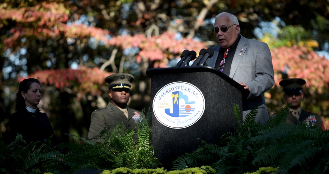Ronald J. Bower, a member of the Beirut Memorial Advisory Board, talks about the history of the memorial during the Beirut Memorial Service Ceremony in Jacksonville, N.C., Oct. 23. Bower discussed how the service members who gave their lives in Beirut are observed every year with the event, and the Beirut survivors in attendance were thanked.