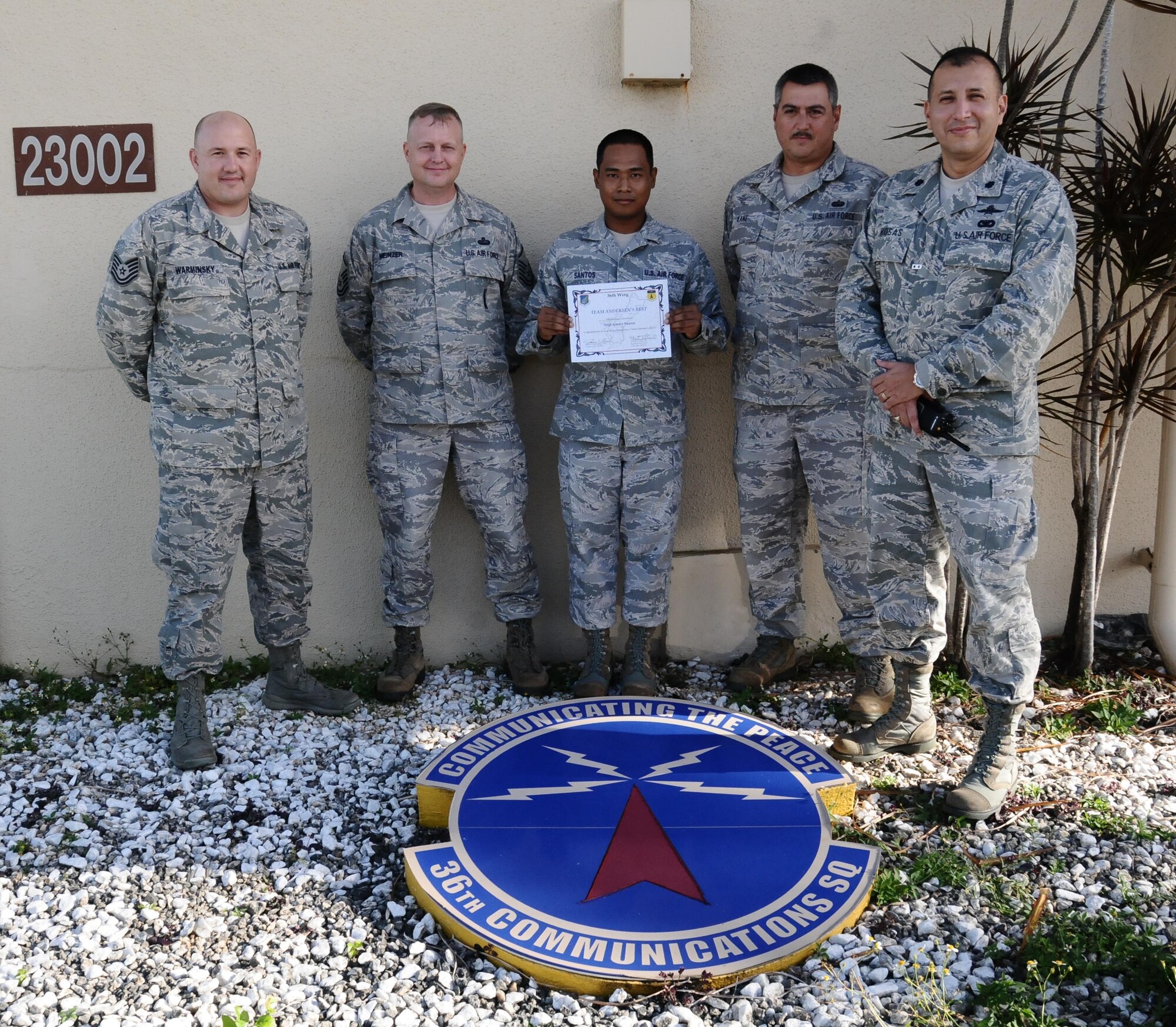 ANDERSEN AIR FORCE BASE, Guam-- Staff Sgt. Amory Santos, 36th Communications Squadron quality assurance evaluator, was awarded Team Andersen’s Best here Oct. 25. Team Andersen's Best is a recognition program which highlights a top performer from the 36th Wing. Each week, supervisors nominate a member of their team for outstanding performance and the wing commander presents the selected Airman or civilian with an award. To nominate your Airman or civilian for Team Andersen's Best, contact your unit chief or superintendent explaining their accomplishments.(U.S. Air Force photo by Airman 1st Class Mariah Haddenham/Released)