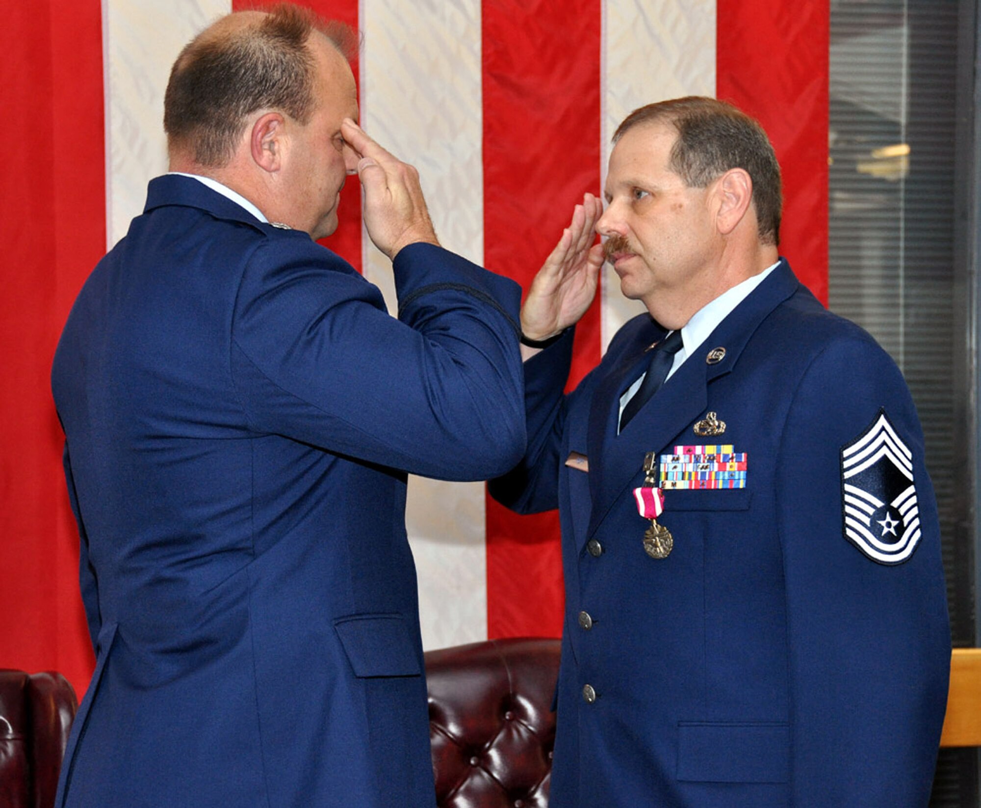 TRAVIS AIR FORCE BASE, Calif. -- Chief Master Sgt. Steven J. Kopf, 349th Maintenance Squadron superintendent receives a Meritorious Service Medal during his retirement ceremony on October 20, 2012. (U.S. Air Force photo/ Senior Airman Cindy G. Alejandrez)