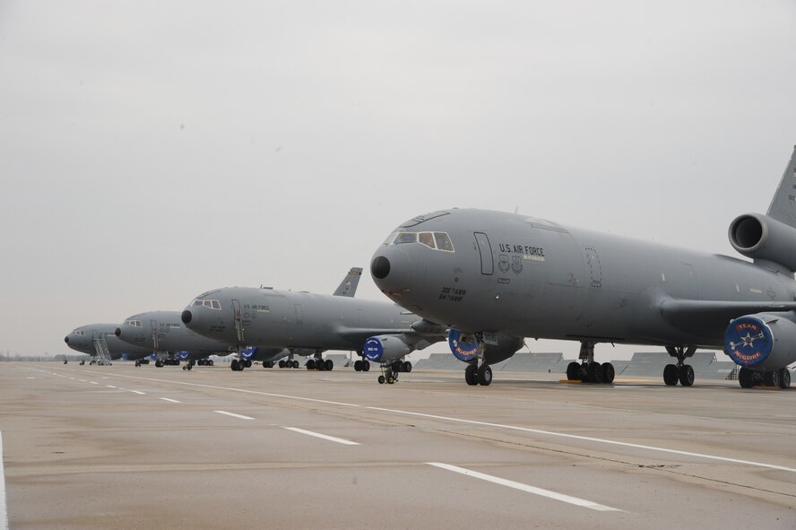 KC-10 Extender refueling aircraft from Joint Base McGuire-Dix-Lakehurst, N.J., sit safely on Grand Forks Air Force Base, N.D., on Oct. 29, 2012. Seven of the aircraft were evacuated to Grand Forks in advance of Hurricane Sandy.  (U.S. Air Force photo/Senior Airman Amber Bennett)