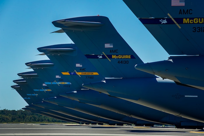 C-17 Globemaster IIIs sit on the tarmac Oct. 29, 2012, at Joint Base Charleston - Air Base. C-17s from Joint Base McGuire-Dix-Lakehurst and Dover Air Force Base landed here over the weekend because of the intensity of Hurricane Sandy affecting the Northeast. (U.S. Air Force photo/ Airman 1st Class George Goslin)