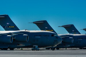 C-17 Globemaster IIIs sit on the tarmac Oct. 29, 2012, at Joint Base Charleston - Air Base. C-17s from Joint Base McGuire-Dix-Lakehurst and Dover Air Force Base landed here over the weekend because of the intensity of Hurricane Sandy affecting the Northeast. (U.S. Air Force photo/ Airman 1st Class George Goslin)