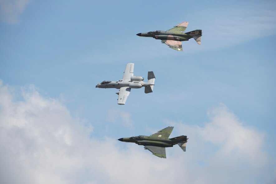 An A-10C Thunderbolt II and two F-4 Phantom IIs perform a Heritage Flight during the Moody Air Force Base, Ga., Legacy of Liberty Open House air show Oct. 27, 2012. The U.S Air Force Heritage Flight program presents the evolution of air power by flying today’s state-of-the-art fighter aircraft in close formation with vintage fighter aircraft. (U.S. Air Force photo by Senior Airman Douglas Ellis/Released)
