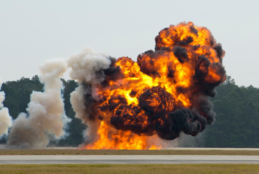 An explosion occurs during the Moody Air Force Base, Ga., Legacy of Liberty Open House air show Oct. 27, 2012. The explosion was part of a combat search and rescue demonstration, which highlighted Moody’s personnel recovery capabilities. (U.S. Air Force photo by Senior Airman Douglas Ellis/Released)
