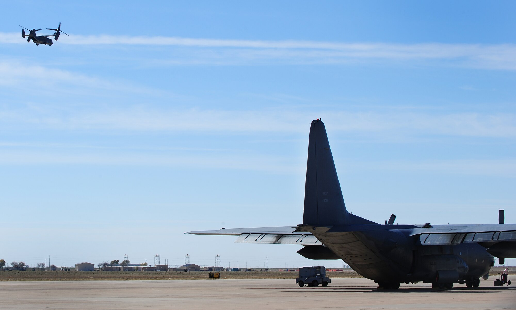 A CV-22 Osprey takes off from Cannon Air Force Base, N.M., Oct 27, 2012. Husbands and wives of Air Commandos are welcomed to the base and given the chance to ride in a military aircraft during annual Spouse Orientation Flights. (U.S. Air Force photo/Airman 1st Class Ericka Engblom)