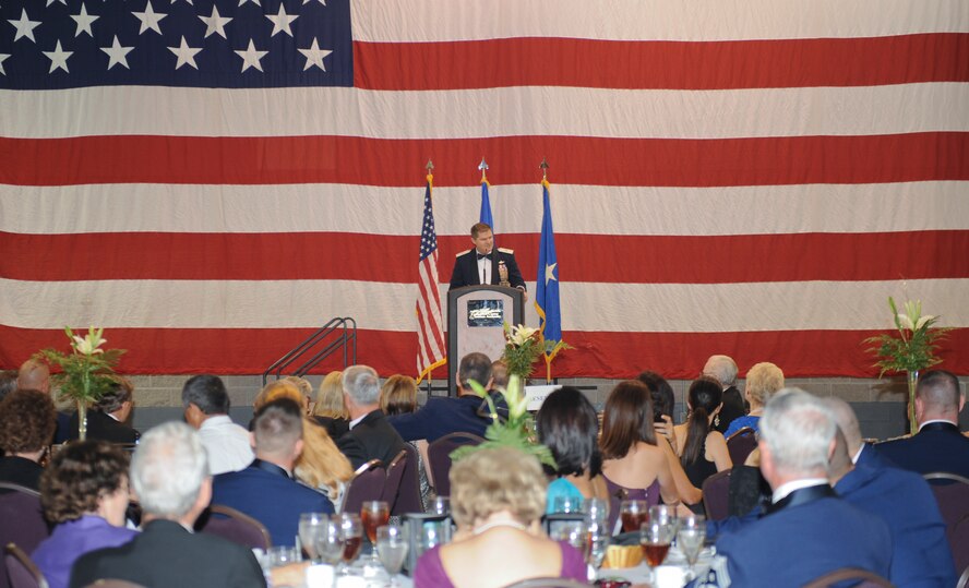 Guests at the 2012 Flying Tigers Reunion dinner listen to Brig. Gen. Thomas “Big” Deale, Air Command and Staff College commandant and Spaatz Center for Officer Education vice commander, speak at the James H. Rainwater Conference Center in Valdosta, Ga., Oct. 26, 2012. Approximately 150 people came out to honor the sacrifices made by past Flying tigers. (U.S. Air Force photo by Airman 1st Class Olivia Bumpers/Released) 
