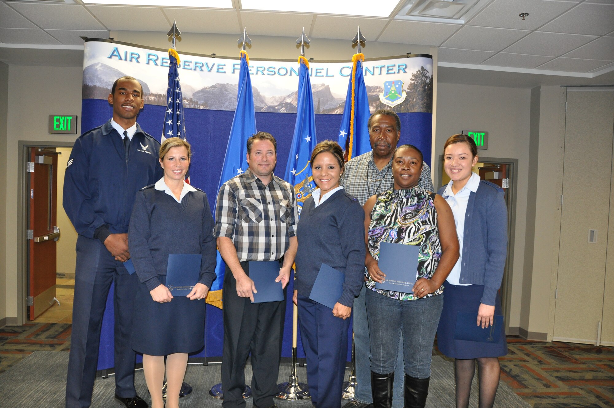 The Air Reserve Personnel Center announced the 3rd Quarter Quarterly Awards winners during a ceremony here Oct. 29, 2012. The winners were: Senior Airman Sean Cooper, Capt. Shannon Walker, Kenneth Kluza, Charles George, Senior Airman Iris Morales, Margaret Johnson and Senior Airman Blanca Hernandez. 
Not pictured: Maj. Beth Huffman, Master Sgt. Javier Castro and Tech. Sgt. Nicole Brightman. (U.S. Air Force photo/Tech. Sgt. Rob Hazelett)