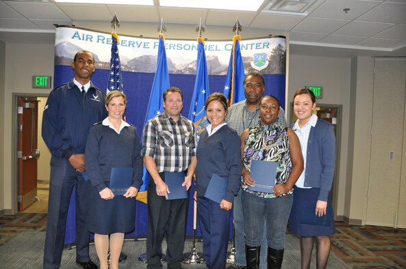 The Air Reserve Personnel Center announced the 3rd Quarter Quarterly Awards winners during a ceremony here Oct. 29, 2012. The winners were: Senior Airman Sean Cooper, Capt. Shannon Walker, Kenneth Kluza, Charles George, Senior Airman Iris Morales, Margaret Johnson and Senior Airman Blanca Hernandez. 
Not pictured: Maj. Beth Huffman, Master Sgt. Javier Castro and Tech. Sgt. Nicole Brightman. (U.S. Air Force photo/Tech. Sgt. Rob Hazelett)