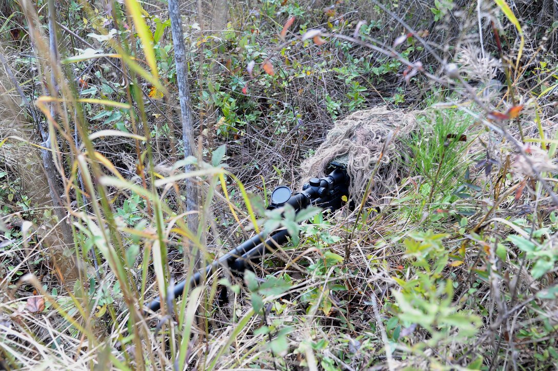 Airman 1st Class Tiffani Potter, 14th Security Forces Squadron lies prone in a brush-covered area on Columbus Air Force Base to demonstrate the effectiveness of her ghille suit on Oct. 26.  Local live foliage is added to the suit to allow the sniper to better blend into the current surroundings.  (U.S. Air Force Photo/Airman 1st Class Charles Dickens)
