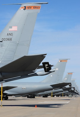 Six KC-135 Stratotankers from Joint Base McGuire-Dix-Lakenhurst, N.J., relocated to McConnell Air Force Base, Kan., Oct. 27, 2012 in preparation for Hurricane Sandy. Joint Base McGuire-Dix-Lakenhurst has declared an emergency status of HURC...ON III meaning the base is expecting the arrival of 50 knot winds within 48 hours. The KC-135s were evacuated to minimize damage to the aircraft during the storm. (U.S. Air Force photo/Senior Airman Katrina M. Brisbin)