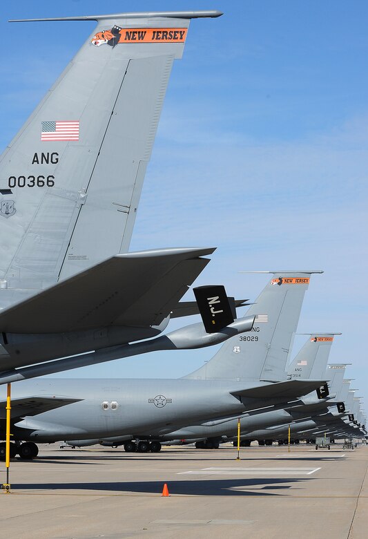 Six KC-135 Stratotankers from Joint Base McGuire-Dix-Lakenhurst, N.J., relocated to McConnell Air Force Base, Kan., Oct. 27, 2012 in preparation for Hurricane Sandy. Joint Base McGuire-Dix-Lakenhurst has declared an emergency status of HURC...ON III meaning the base is expecting the arrival of 50 knot winds within 48 hours. The KC-135s were evacuated to minimize damage to the aircraft during the storm. (U.S. Air Force photo/Senior Airman Katrina M. Brisbin)