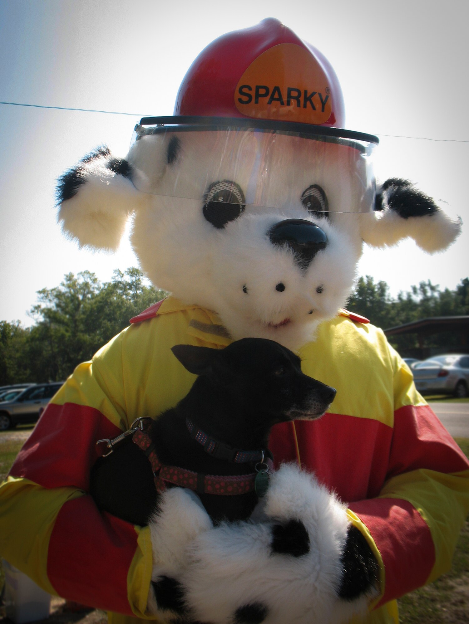 Sparky, the fire dog, holds one of the adoptable dogs during the Pet Welfare 30th Anniversary Open House Oct. 27th. Members of the 96th Test Wing Fire Department came out with Sparky to tour the shelter and talk to visitors. The event highlighted the mission of Pet Welfare, a no-kill, all-volunteer shelter. The shelter opened in 1982 with the primary mission of finding homes for the four-legged family members they are forced to leave behind. Visit www.petwelfare.net for more information. (Courtesy photo/Ashley M. Wright)
