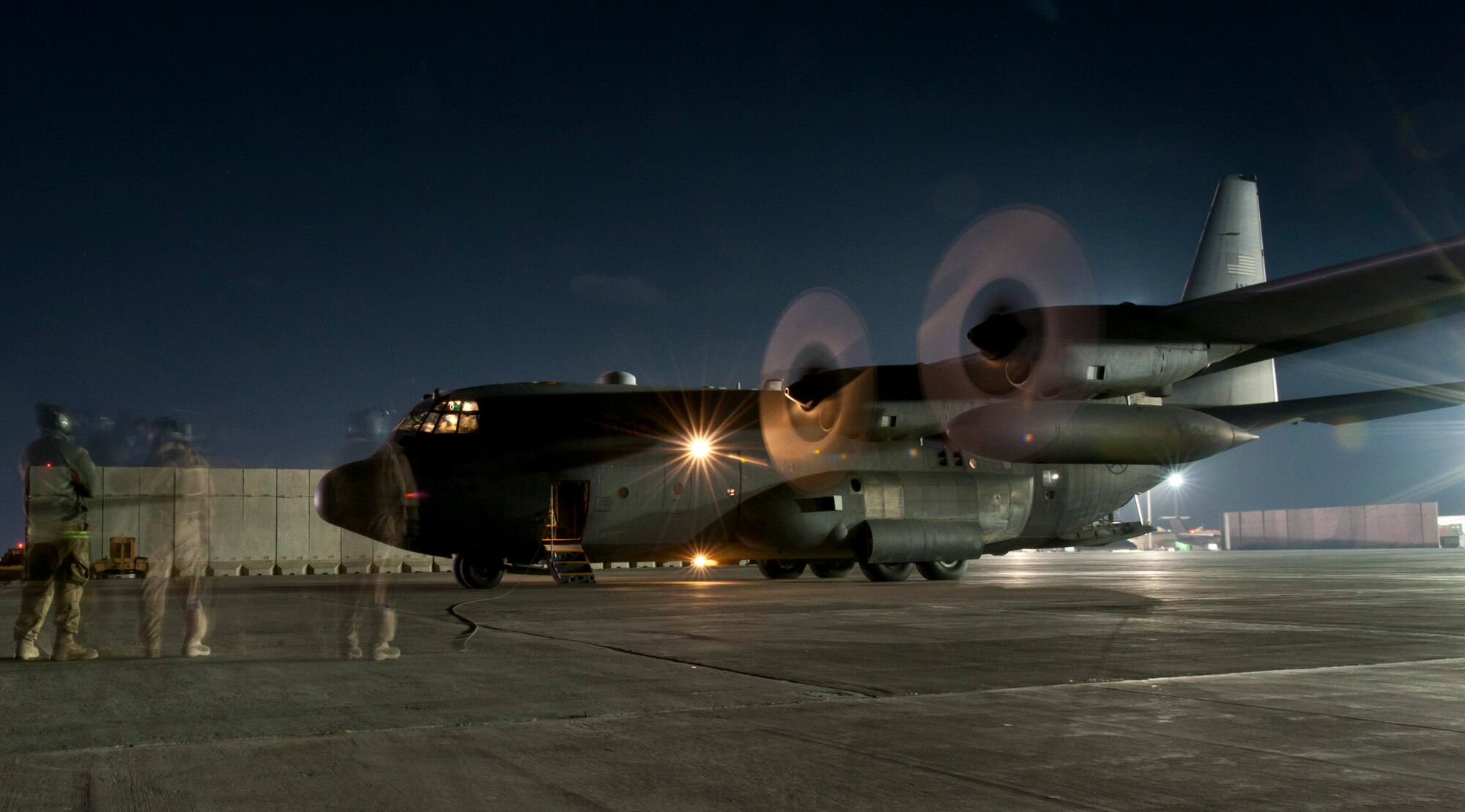 A C-130 Hercules prepares to taxi prior to a night mission at Bagram Airfield, Afghanistan, Oct. 25, 2012. The “Herc” provides daily tactical airlift support to combat forces in Afghanistan. (U.S. Air Force photo/Capt. Raymond Geoffroy)