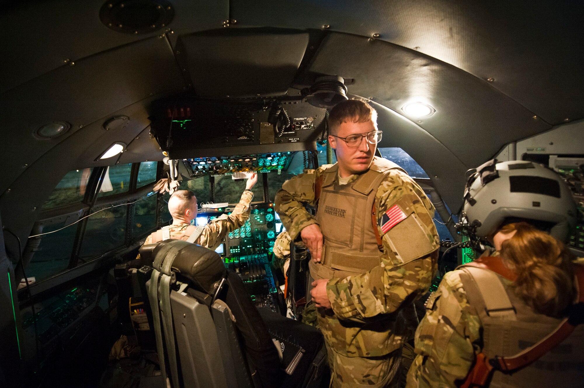 A C-130 Hercules aircrew assigned to the 774th Expeditionary Airlift Squadron prepares for a night mission at Bagram Airfield, Afghanistan, Oct. 25, 2012. Bagram's C-130 aircrews fly day and night to transport personnel and supplies throughout Afghanistan. (U.S. Air Force photo/Capt. Raymond Geoffroy)