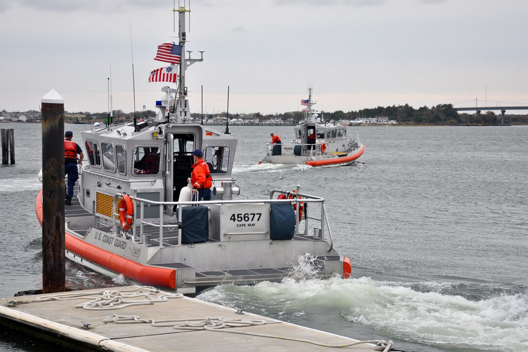 Crewmembers from Coast Guard Station Cape May, N.J., get under way on their 45-foot response boat, Oct. 27, 2012, to prepare for Hurricane Sandy. The Coast Guard relocates and secures their assets during heavy weather to avoid damage, enabling them to respond after the storm passes.