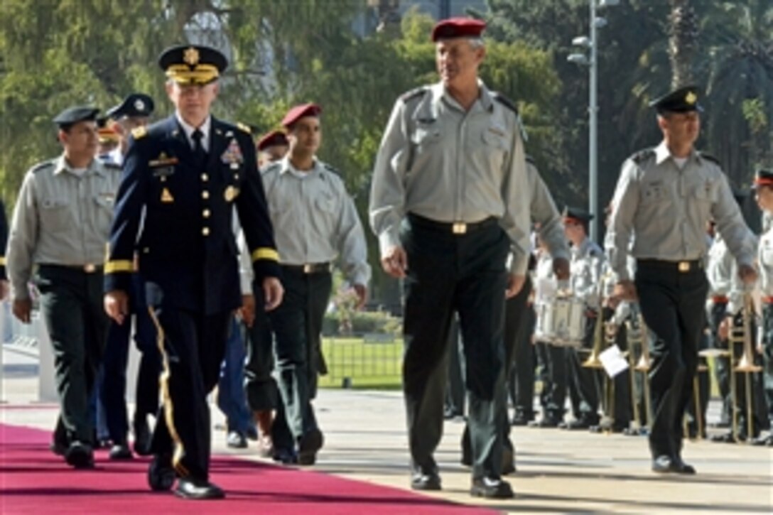 Israeli military soldiers and band members welcome U.S. Army Gen. Martin E. Dempsey, chairman of the Joint Chiefs of Staff, to Tel Aviv, Israel, Oct. 29, 2012.