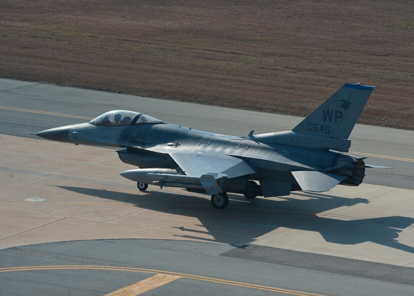An F-16 Fighting Falcon with the 35th Fighter Squadron taxis along the flightline during Max Thunder 12-2 on Kunsan Air Base, Republic of Korea, Oct. 30, 2012. Kunsan AB is hosting the ninth Max Thunder, a combined, large-force employment exercise which is designed to improve and demonstrate the capabilities of U.S. and ROK air forces. (U.S. Air Force photo/Staff Sgt. Jonathan Fowler)