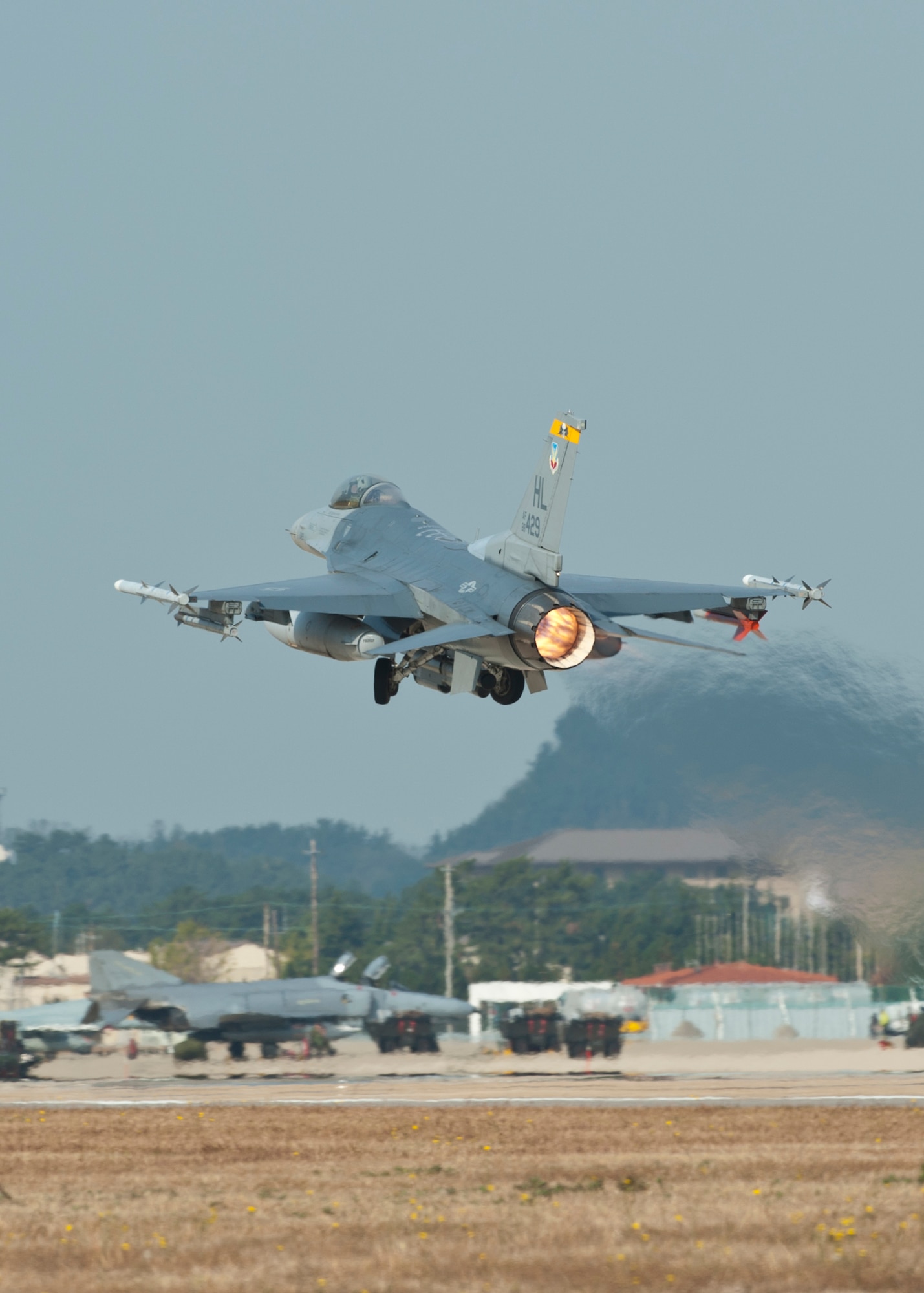 An F-16 Fighting Falcon with the 388th Expeditionary Fighter Wing from Hill Air Force Base, Utah, takes off during exercise Max Thunder 12-2 on Kunsan Air Base, Republic of Korea, Oct. 29, 2012. More than 10 aircraft from Hill AFB were brought to Kunsan to participate in Max Thunder. (U.S. Air Force photo/Staff Sgt. Jonathan Fowler)