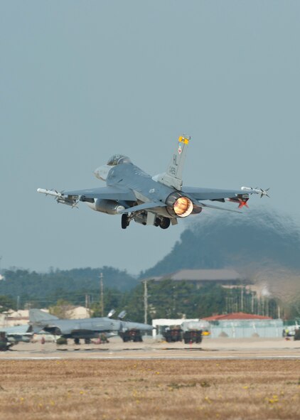 An F-16 Fighting Falcon with the 388th Expeditionary Fighter Wing from Hill Air Force Base, Utah, takes off during exercise Max Thunder 12-2 on Kunsan Air Base, Republic of Korea, Oct. 29, 2012. More than 10 aircraft from Hill AFB were brought to Kunsan to participate in Max Thunder. (U.S. Air Force photo/Staff Sgt. Jonathan Fowler)