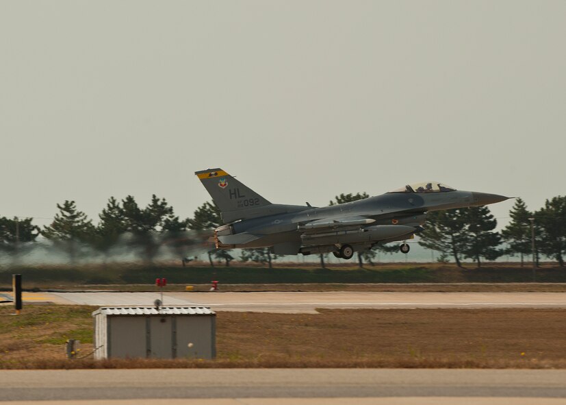 An F-16 Fighting Falcon with the 388th Expeditionary Fighter Wing from Hill Air Force Base, Utah,  takes off during Max Thunder 12-2 on Kunsan Air Base, Republic of Korea, Oct. 29, 2012. Max Thunder is a chance for U.S. and ROK air forces to plan, execute and work side by side in various simulated scenarios and improves the capabilities and cohesion between the two. (U.S. Air Force photo/Staff Sgt. Jonathan Fowler)