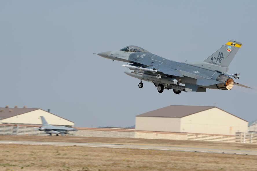 An F-16 Fighting Falcon with the 4th Expeditionary Fighter Squadron deployed from Hill Air Force Base takes off during Max Thunder 12-2 at Kunsan Air Base, Republic of Korea, Oct. 30, 2012. Twelve aircraft from Hill AFB, were brought to Kunsan and are supporting Max Thunder. (U.S. Air Force photo/Senior Airman Marcus Morris)