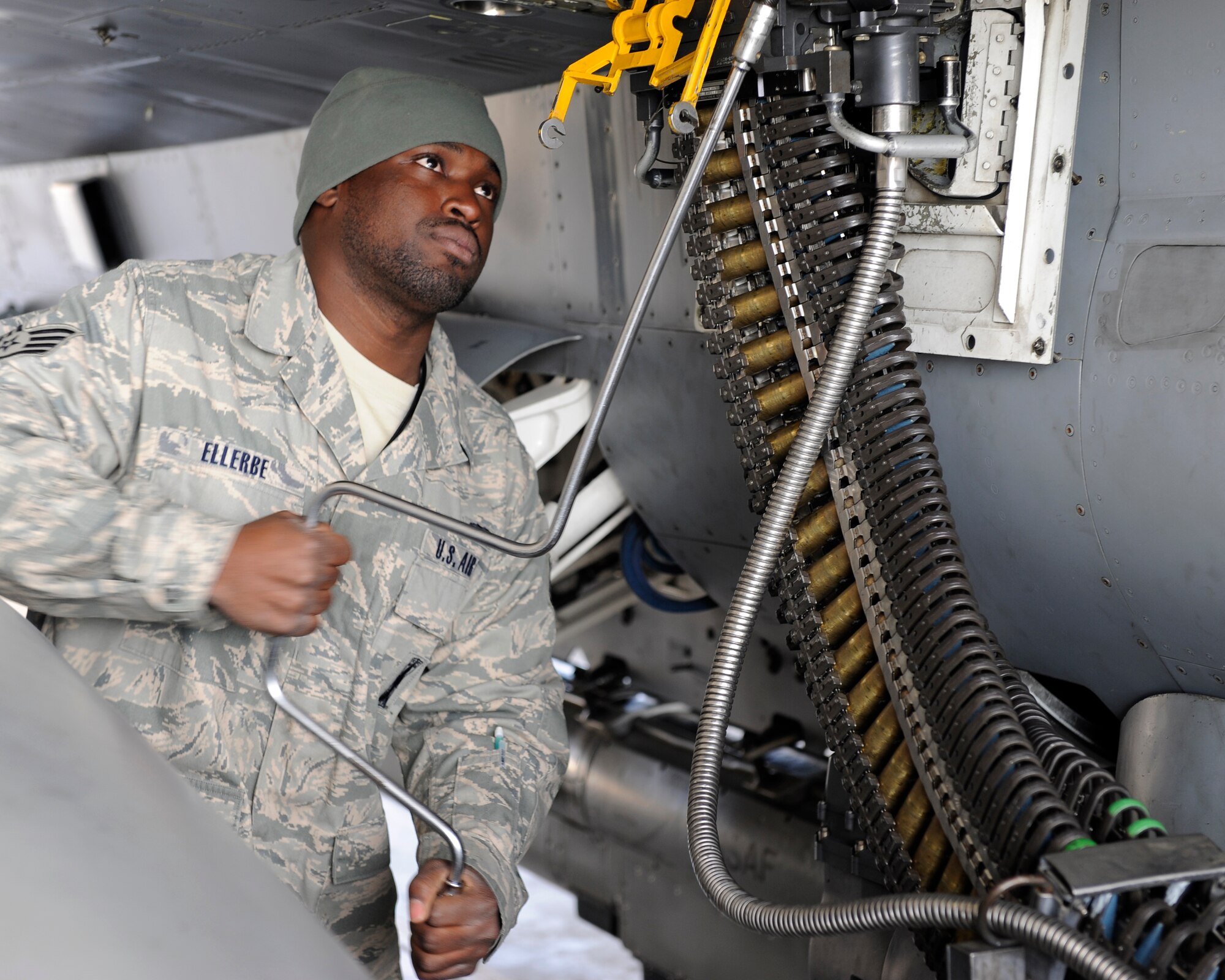 Staff Sgt. Tommy Ellerbe, 8th Aircraft Maintenance Squadron, loads dummy rounds into an F-16 Fighting Falcon during Max Thunder 12-2 at Kunsan Air Base, Republic of Korea, Oct. 30, 2012. The rounds allowed the pilots to simulate dog fights and train while keeping the pilots and the aircraft safe. The training provided an unparalleled planning opportunity between U.S. and ROKAF. (U.S. Air Force photo/Senior Airman Marcus Morris)