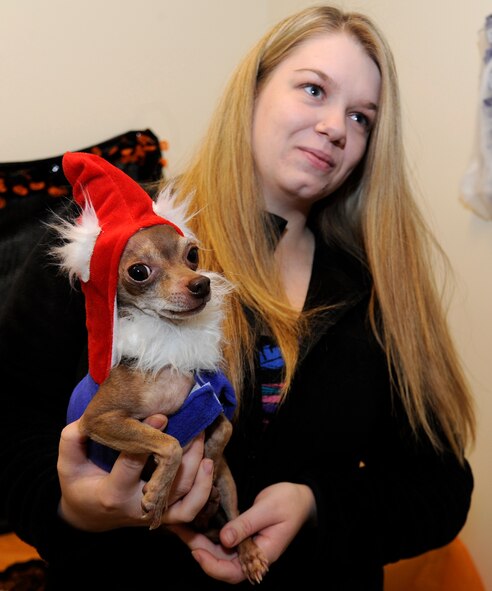Tiffany Rea dresses her dog “Chewy” as a gnome during the Pet Costume Contest held at Tanker Tails at Fairchild Air Force Base, Wash., Oct. 30, 2012. Tanker Tails is a kennel on base for cats and dogs of any size. (U.S. Air Force photo by Airman 1st Class Ryan Zeski)