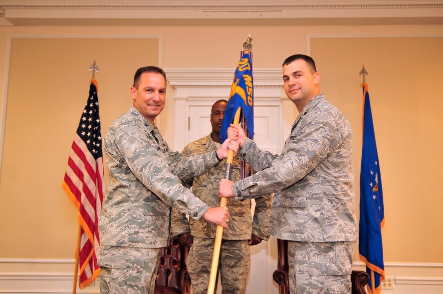 U.S. Air Force Maj. John Kendall assumes command of the 20th Contracting Squadron at Shaw Air Force Base, Oct. 24, 2012. Kendall began his career as a contracting officer at Hanscom AFB, Mass. Kendall graduated from the University of Washington, in Seattle, Wash. in 2002.  (U.S. Air Force photo by Airman Nicole Sikorski/Released)