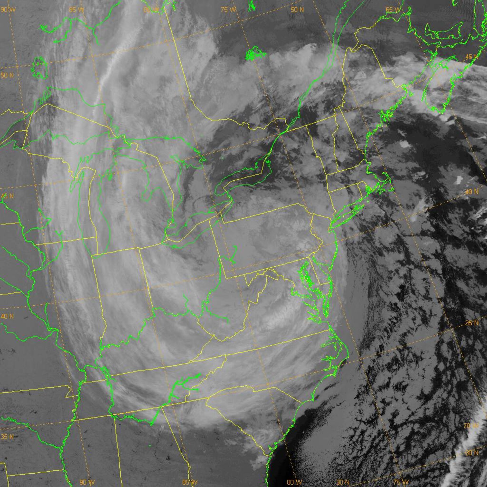 This is an infrared image of Post-Tropical Cyclone Sandy taken early Oct. 30, 2012 by the U.S. Air Force's Defense Meteorological Satellite Program Flight 14.  The DMSP mission is to generate terrestrial and space weather data for operational forces worldwide, however the data from this program is also furnished to the civilian community through the Department of Commerce, thus providing more information from which forecasters can better predict pathways and intensity of storms like Sandy.