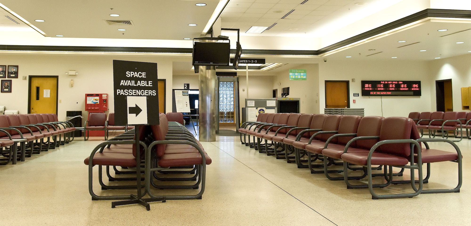 The Passenger Terminal stands completely empty Oct. 30, 2012, at Dover Air Force Base, Del. Space A travel was suspended prior to the arrival of Hurricane Sandy and is scheduled to resume in the next couple of days. (U.S. Air Force photo by Roland Balik)