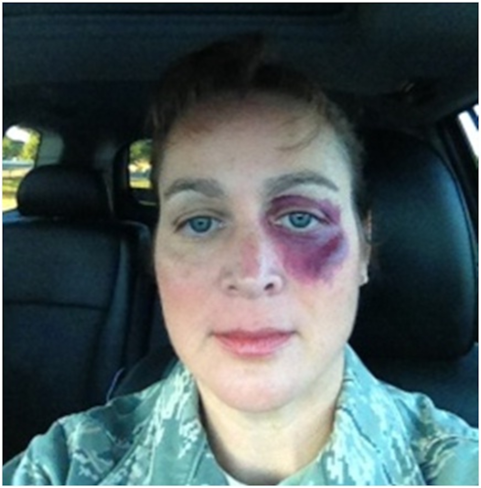 Master Sgt. Christina Riley, 325th Operations Group first sergeant, wore a black eye in an effort to raise awareness of domestic violence Oct 15 and 16. (Courtesy photo)