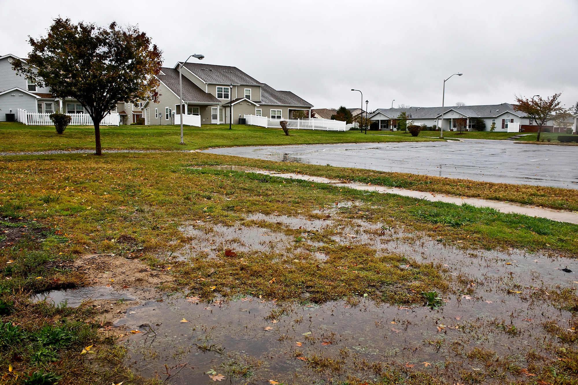 Low lying areas in base housing were saturated with water Oct. 30, 2012, on Dover Air Force Base, Del., as a result of the heavy rainfall from Superstorm Sandy. (U.S. Air Force photo by Master Sgt. Jeanette Spain)