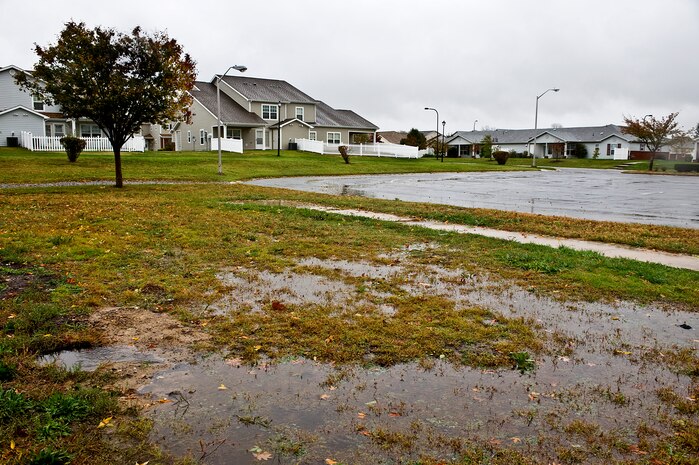 Low lying areas in base housing were saturated with water Oct. 30, 2012, on Dover Air Force Base, Del., as a result of the heavy rainfall from Superstorm Sandy. (U.S. Air Force photo by Master Sgt. Jeanette Spain)
