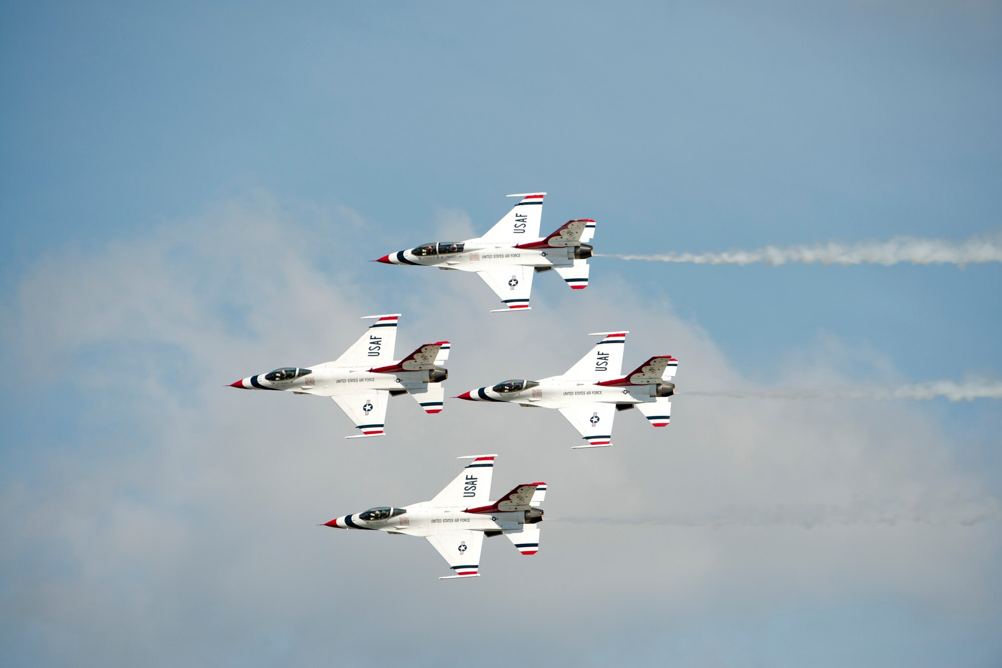 Four F-16 Thunderbird Fighting Falcons fly in formation during the Moody Air Force Base, Ga., Legacy of Liberty Open House air show Oct. 26, 2012. The Thunderbirds headlined the air show with their precision aerial demonstration. (U.S. Air Force photo by Senior Airman Douglas Ellis/Released)
