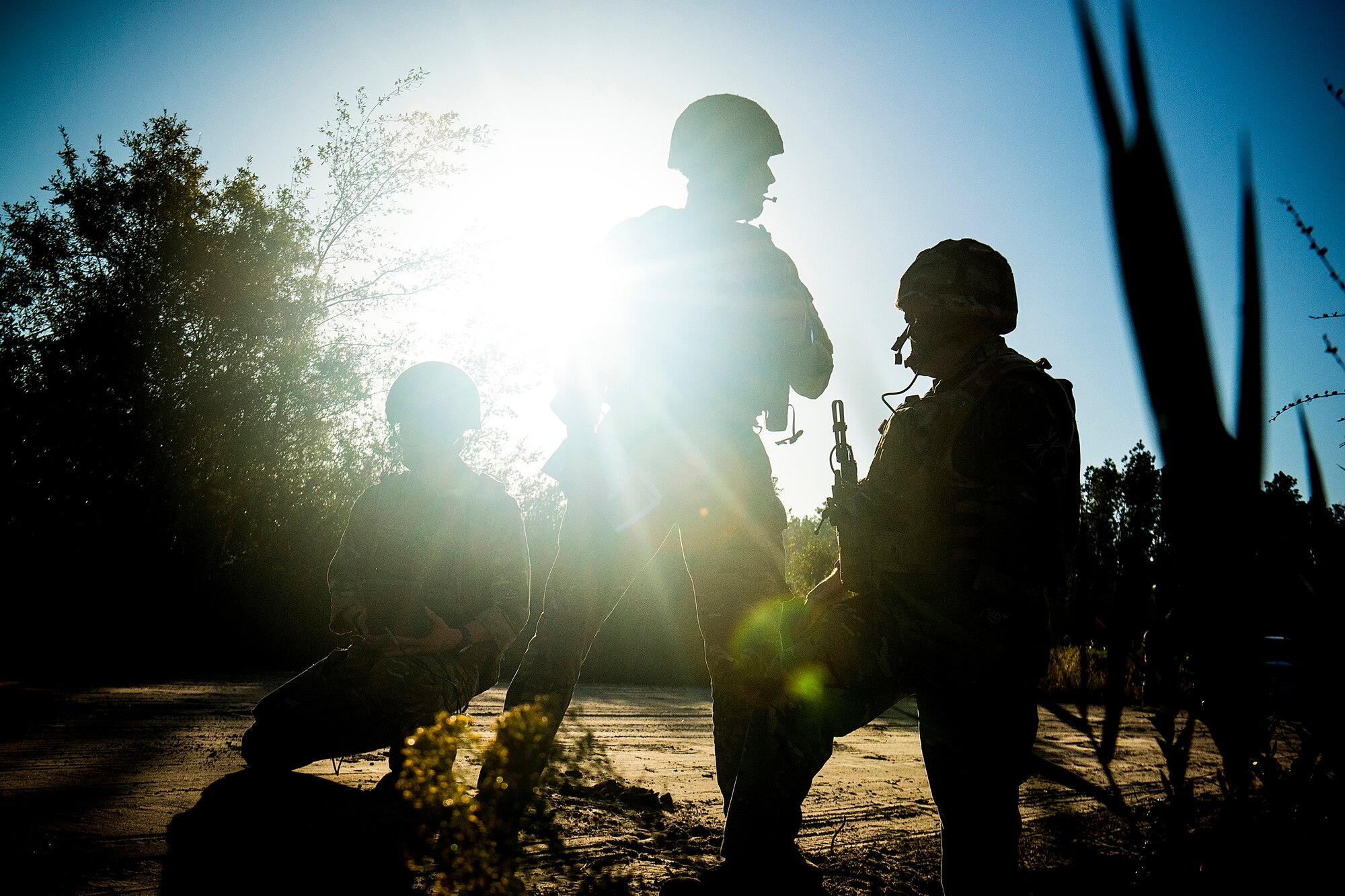 Members of the British army and Royal Air Force hold positions during Exercise Flying Rhino in South Georgia, Oct. 23, 2012. Moody Air Force Base, Ga., hosted approximately 25 British forward-air controllers to conduct close-air support familiarization. (U.S. Air Force photo by Staff Sgt. Jamal D. Sutter/Released) 