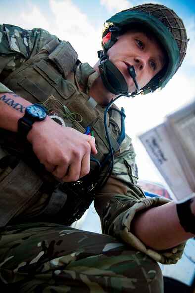 British army Sgt. Christopher Smith, 7th Armored Brigade joint terminal attack controller, reviews information during Exercise Flying Rhino in South Georgia, Oct. 23, 2012. Exercise Flying Rhino paired about 25 British forward-air controllers with pilots from the 74th and 75th Fighter Squadrons at Moody Air Force Base, Ga., to conduct close-air support familiarization training. (U.S. Air Force photo by Staff Sgt. Jamal D. Sutter/Released)  
