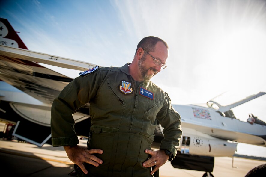 Lt. Joseph Dukes, Lowndes County Sheriff’s Department, smiles as he prepares for a Hometown Hero flight with the U.S. Air Force Thunderbirds Flight Demonstration Team during the Moody Air Force Base, Ga., Legacy of Liberty Open House air show Oct. 26, 2012. Dukes was selected for the opportunity based on his various sacrifices and commitment within the sheriff’s department. (U.S. Air Force photo by Staff Sgt. Jamal D. Sutter/Released) 
