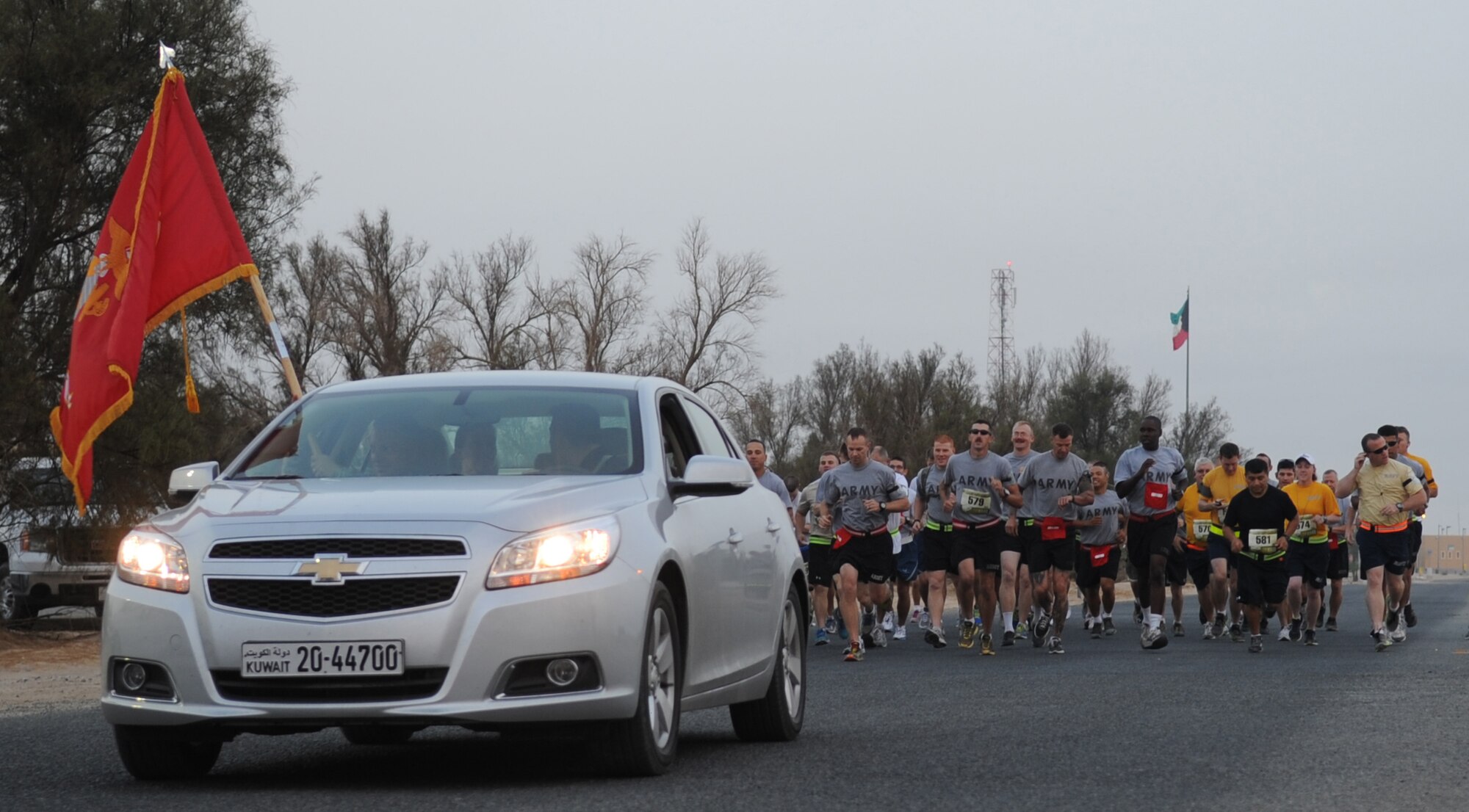 SOUTHWEST ASIA – Fifty-seven military service members gathered to participate in the 26.2 mile test of endurance for the U.S. Marine Corps Marathon Forward here Oct. 28. The first Marine Corps Marathon Forward ever held in this deployed location was six months in the making, requiring more than 150 volunteers from four different military bases. Various support came from the United Services Organization, morale, welfare and recreation and Army and Air Forces Exchange New Car Sales. (U.S. Air Force photo/Staff Sgt. Alexandra M. Boutte)