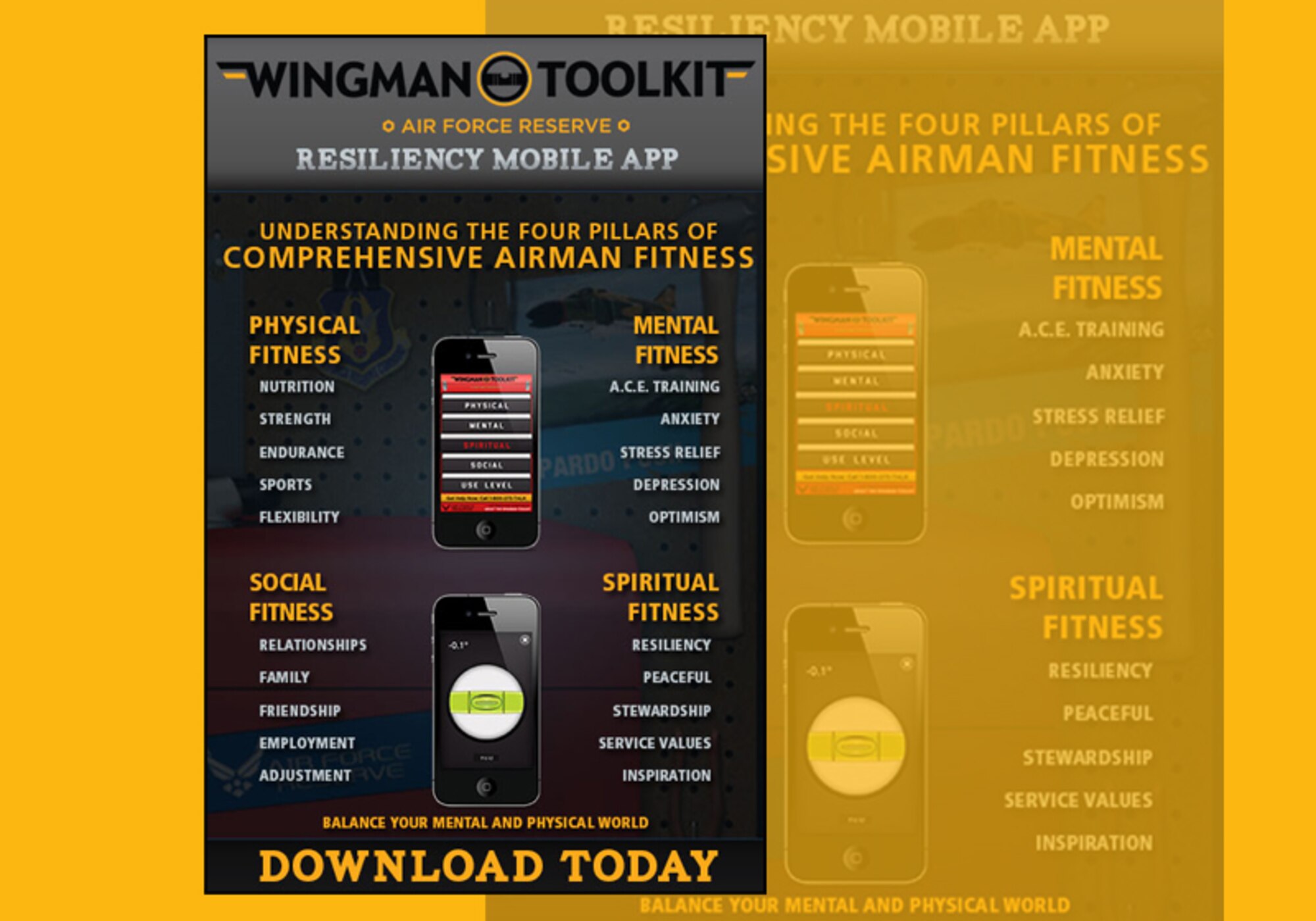 The Air force Reserve Command launched a mobile application on Tuesday, October 30 to encourage people to strive for wellness in their busy lives. The Wingman Toolkit mobile app is available for iPhone and Android and provides some of the resources needed to maintain a healthy, balanced lifestyle and avoid crises. Please share this knowledge with fellow Airmen, family, friends and anyone who might benefit from this information. For more information and other useful resources visit www.AFRC.WingmanToolkit.org, “like” us on Facebook, and view “The Pardo Series” on YouTube by searching for, “Wingman Toolkit.” (Courtesy graphic)